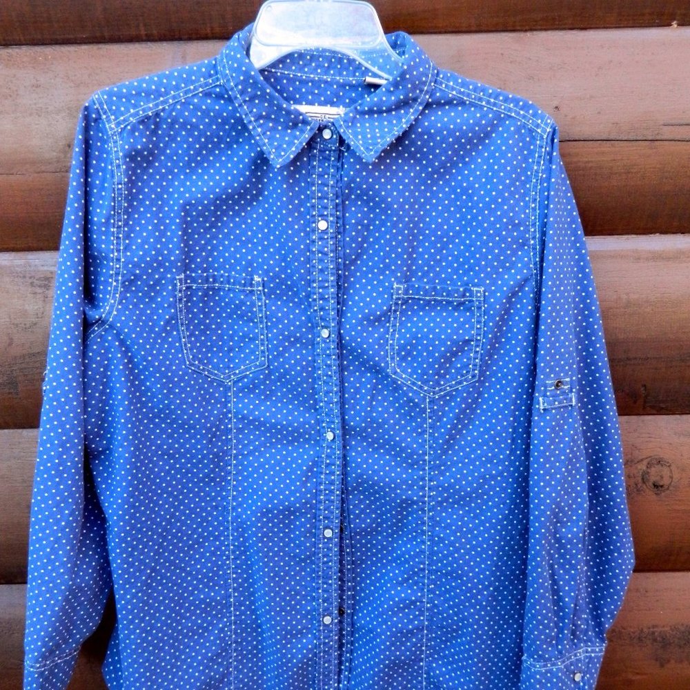 Schmidt Workwear Button Up Shirt Womens XL Navy polka dots - Snap Front